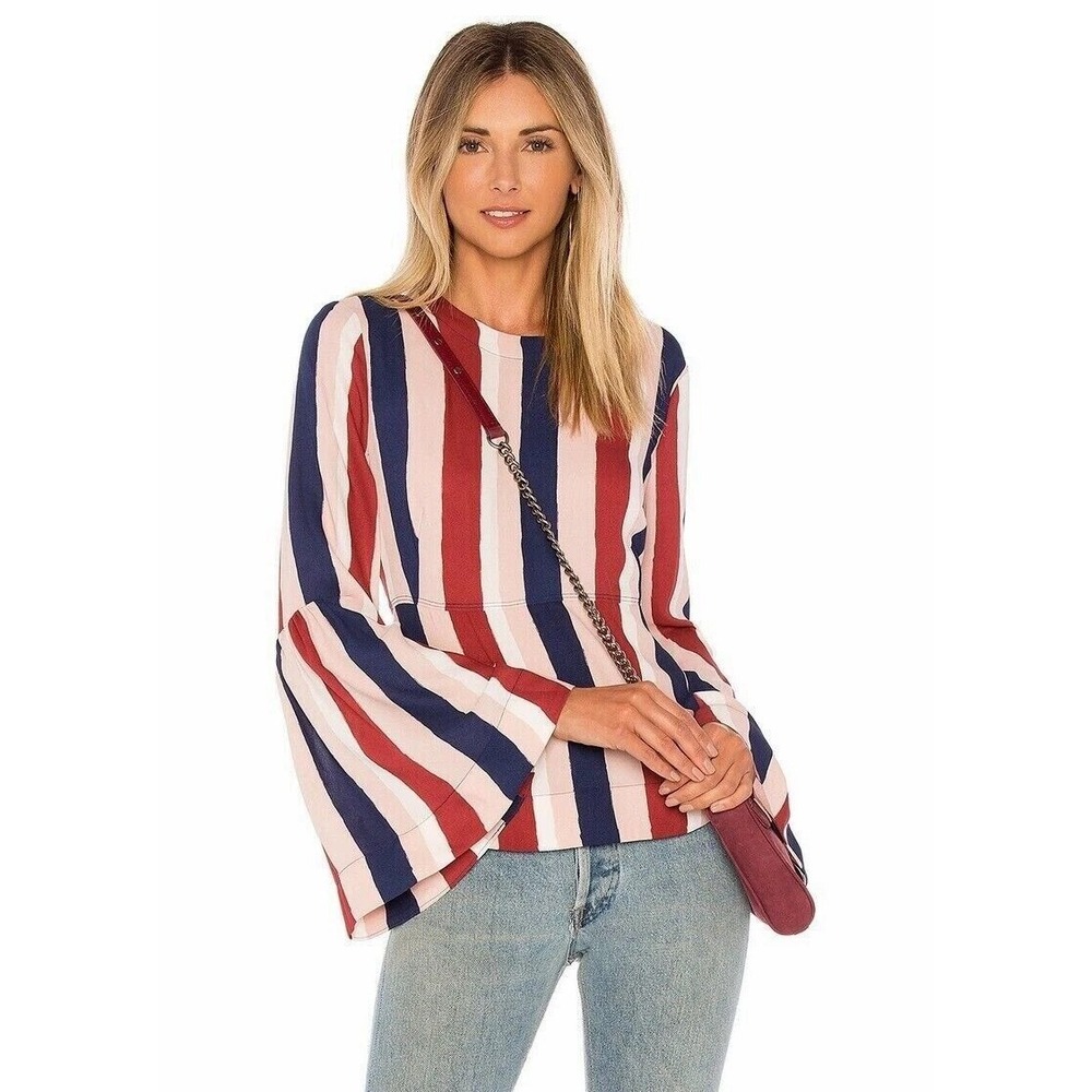 BCBGMAXAZRIA Women Striped Jeanne Bell Sleeve Blouse Top Size M Stylish Career‎